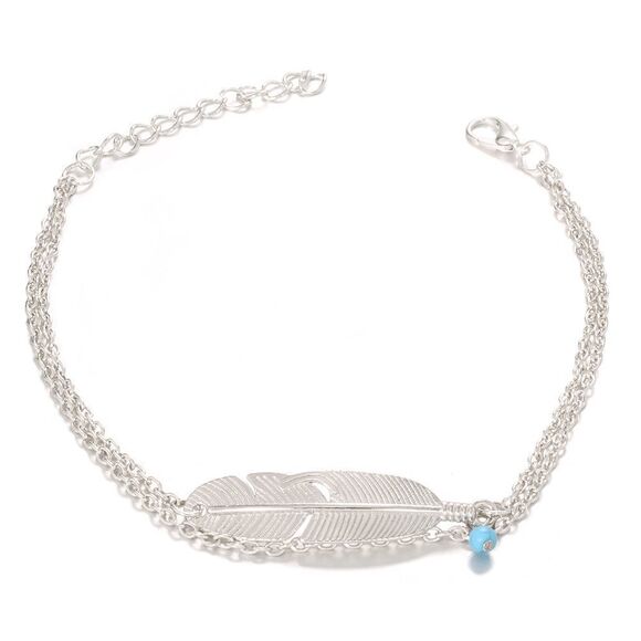 SILVER DOUBLE CHAIN FEATHER AND TURQUOISE HANGING CHARM BOHO ANKLET - Picture 5 of 5